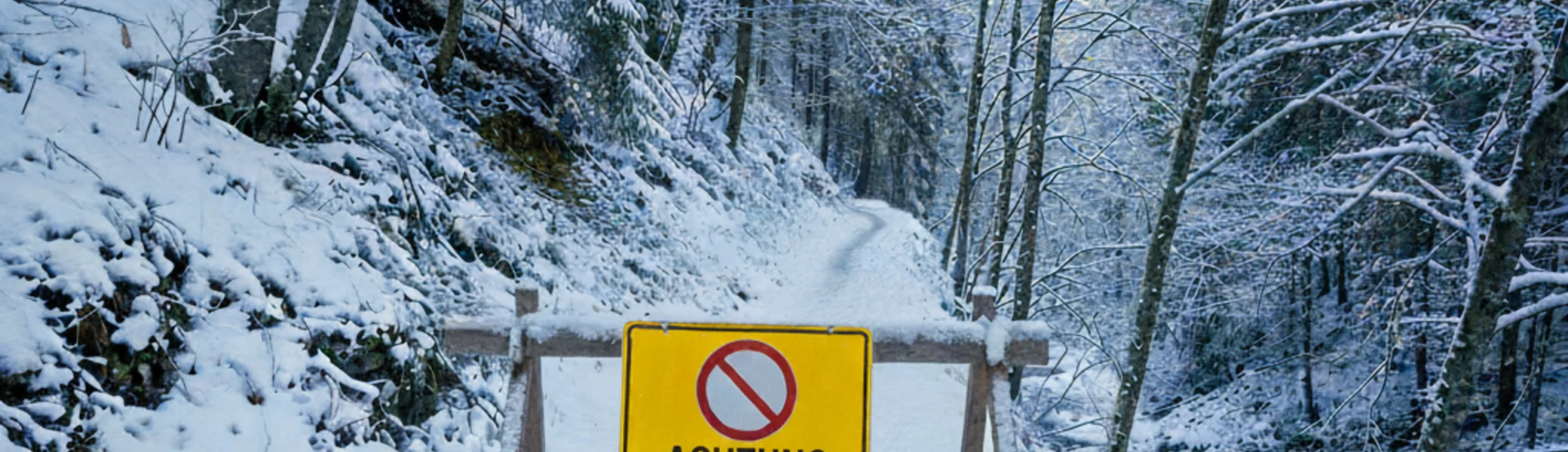 Die Szene zeigt eine Absperrung mit einem Baustellenschild, dass einen Wanderweg im Wald im Winter versperrt. | © 2025, DAV Friedrichshafen 