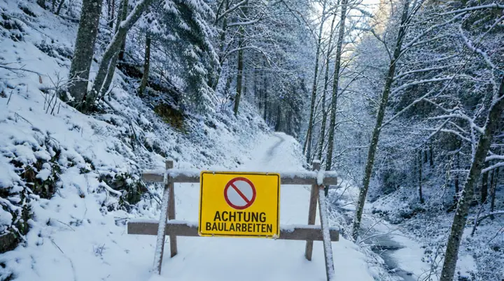 Die Szene zeigt eine Absperrung mit einem Baustellenschild, dass einen Wanderweg im Wald im Winter versperrt. | © 2025, DAV Friedrichshafen 