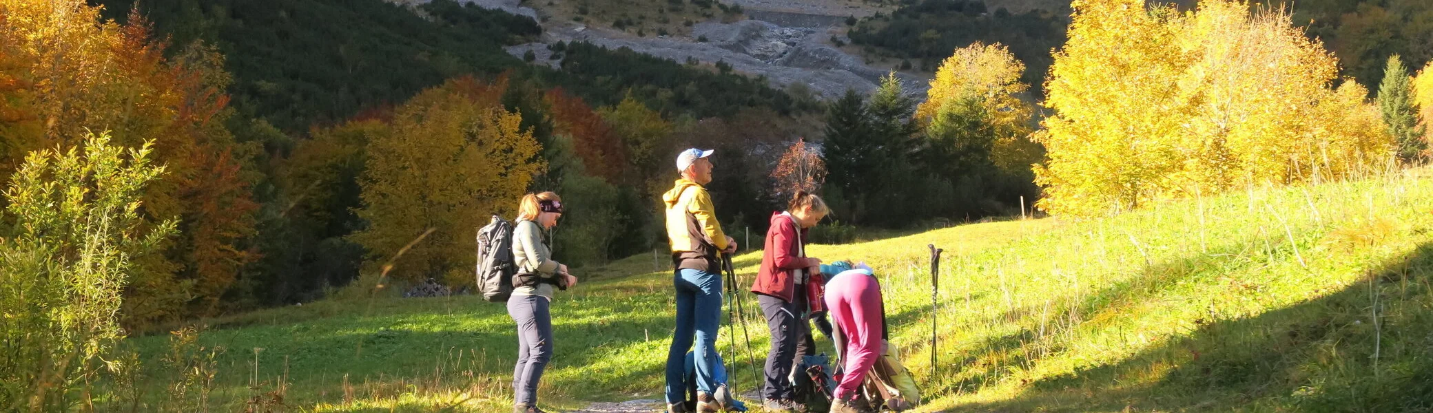 Wanderer mit Rucksäcken auf einem Weg in herbstlicher Berglandschaft mit bunten Bäumen und Felsen im Hintergrund. | © DAV-FN / I. Eichenberg