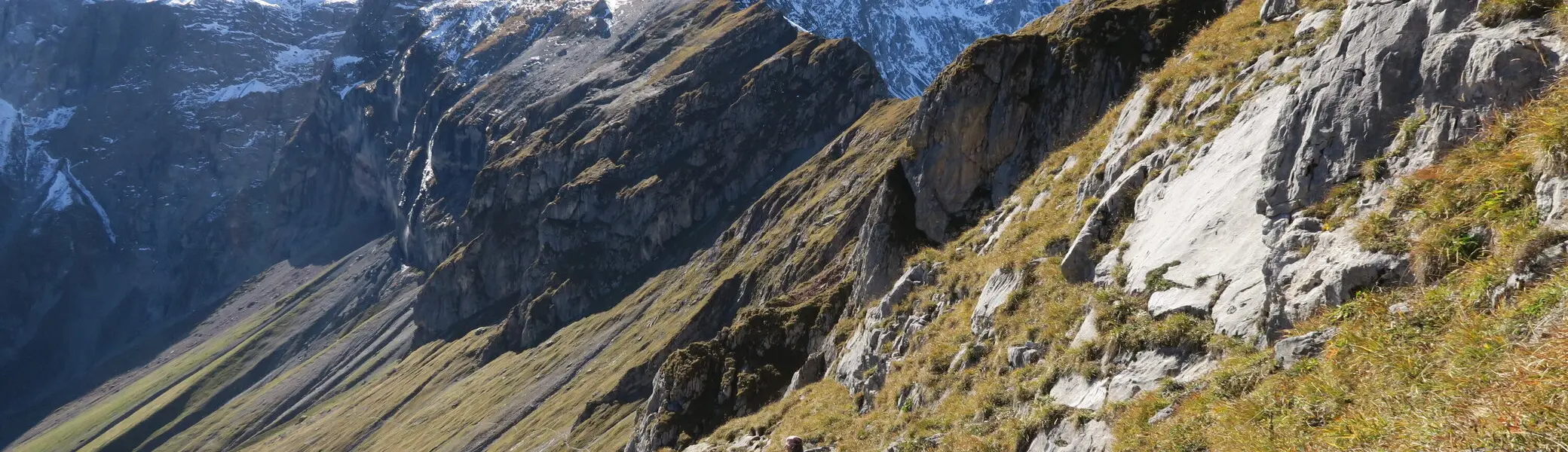 Berglandschaft mit schneebedeckten Gipfeln, steilem Gras- und Felsabhang und drei Wanderern auf einem Pfad. | © DAV-FN / I. Eichenberg
