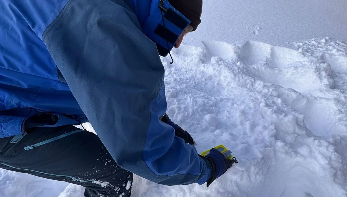 Person in blauer Winterjacke und schwarzer Mütze kniet im Schnee und übt die Feinsuche mit dem LVS-Gerät | © DAV-FN / Th. Gläser