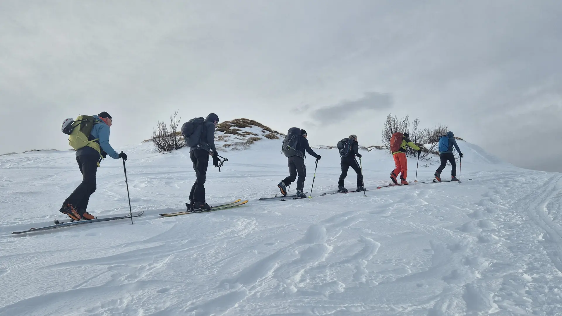 Fünf Skifahrer mit Rucksäcken steigen in einer Reihe einen schneebedeckten Hang hinauf | © DAV-Fn / R. Lebedeff