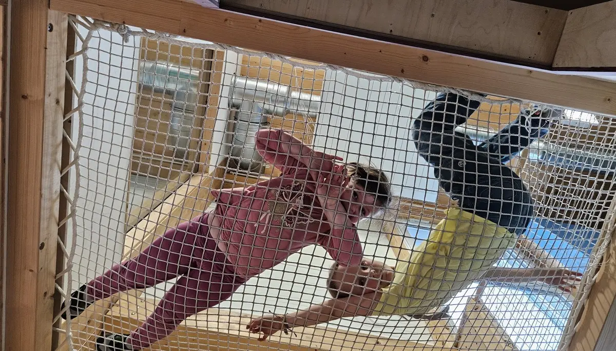 Zwei Kinder liegen auf einem Netz in einem Holzgerüst und schauen nach unten | © DAV-FN / A. Schababerle