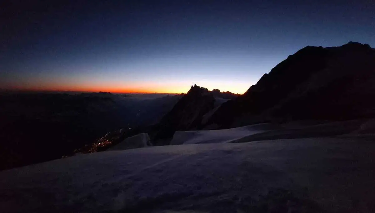 Dunkle Bergsilhouette vor einem klaren Himmel mit orangefarbenem Horizontstreifen bei Dämmerung | © DAV-FN / R. Gersten