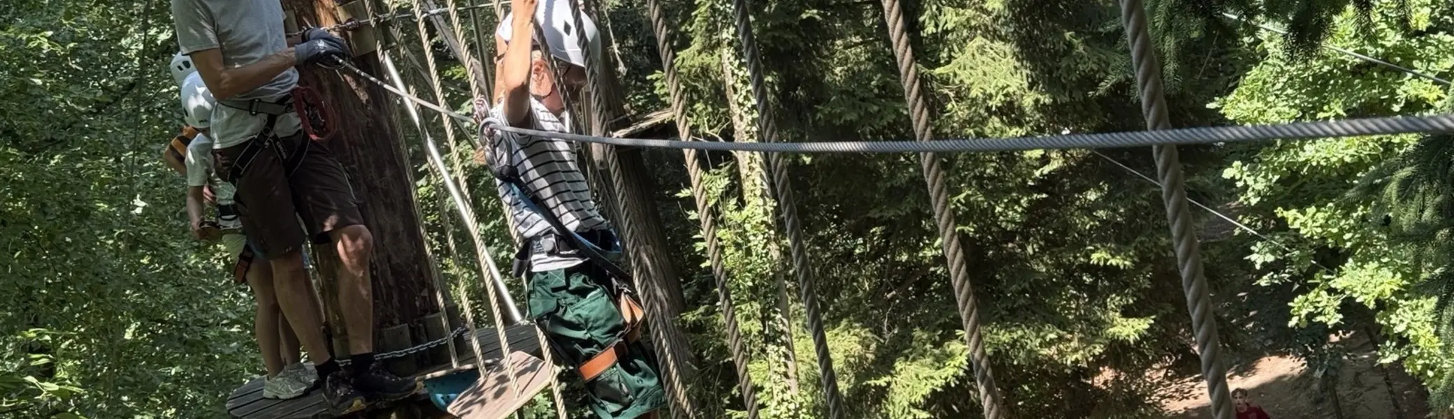 Zwei Personen mit Kletterausrüstung balancieren auf einem Hochseilgarten-Parcours zwischen Bäumen | © DAV-FN / A. Schababerle