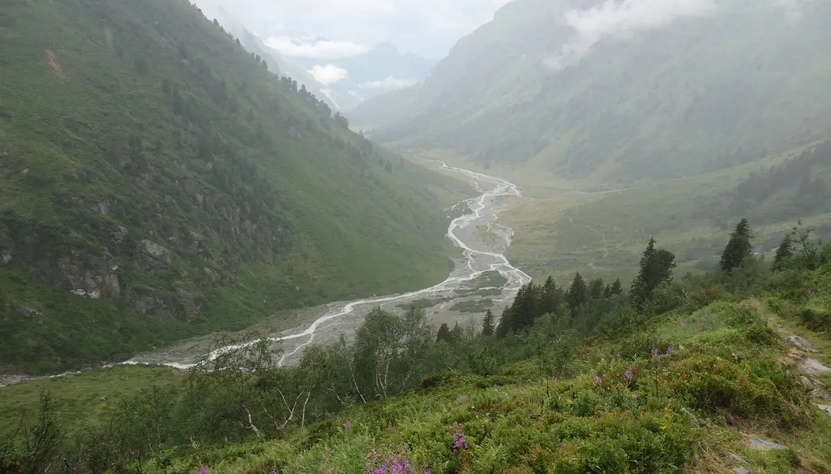 Bergtal mit grün bewachsenen Hängen und einem sich schlängelnden Fluss im Nebel | © DAV - FN / S. Dischler