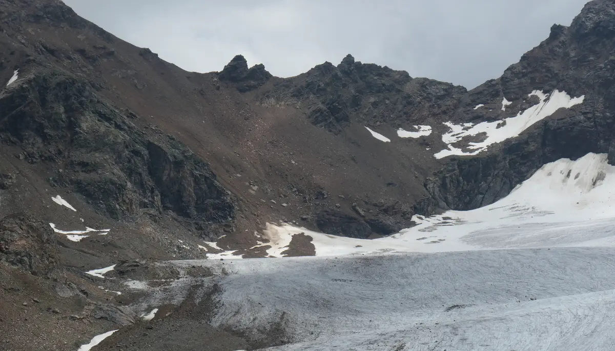 Gletscher mit Schnee- und Eisflächen vor felsigen Berggipfeln unter bewölktem Himmel | © DAV - FN / S. Dischler