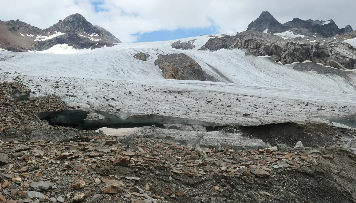Gletscher mit sichtbarer Gletscherspalte vor felsigem Berggelände unter bewölktem Himmel | © DAV - FN / S. Dischler