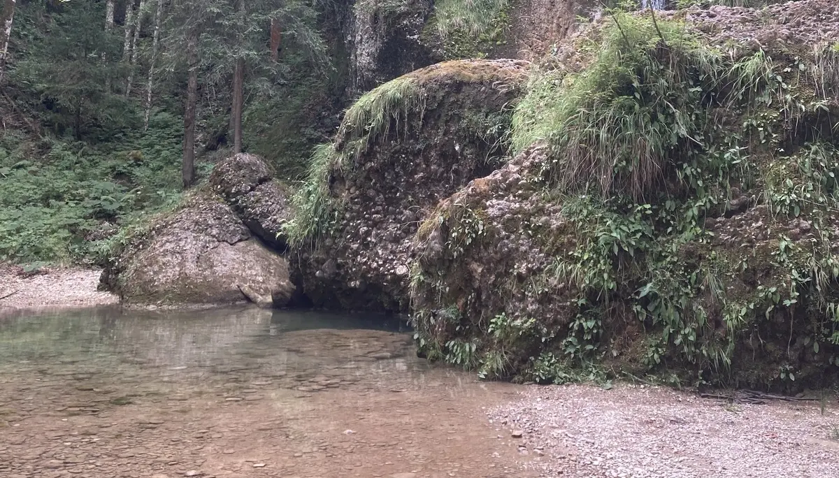 Flacher Bachlauf mit Kiesufer, umgeben von bewaldeten Felsen und einem kleinen Wasserfall | © DAV-FN / K. Seuster