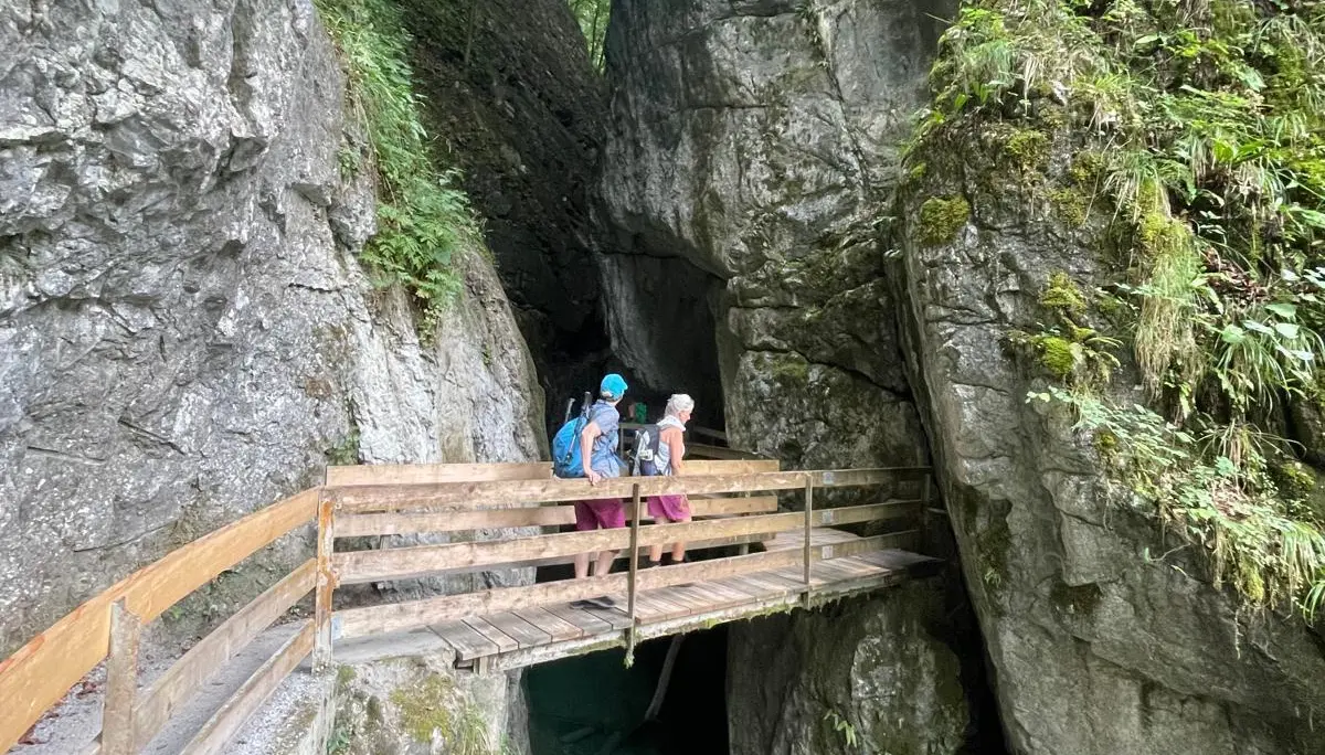 Zwei Wanderer mit Rucksäcken auf einer Holzbrücke über einem klaren Gebirgsbach in einer engen Felsenschlucht mit grünem Bewuchs | © DAV - FN / K. Seuster
