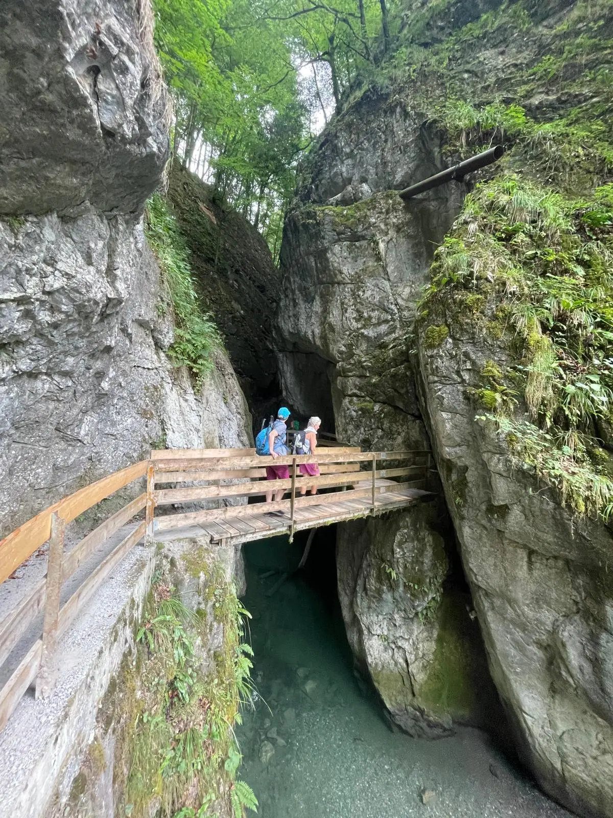 Zwei Wanderer mit Rucksäcken auf einer Holzbrücke über einem klaren Gebirgsbach in einer engen Felsenschlucht mit grünem Bewuchs | © DAV - FN / K. Seuster