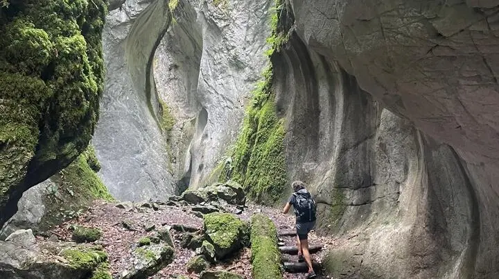Wanderer mit Rucksack auf schmalem Pfad zwischen hohen, moosbewachsenen Felswänden in einer Schlucht | © DAV - FN / K. Seuster