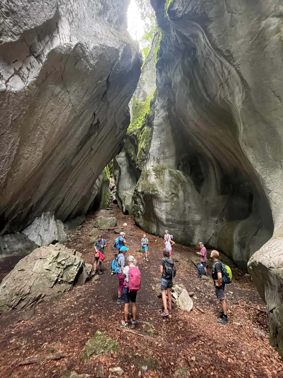 Gruppe von Wanderern steht in einer hohen, engen Felsenschlucht mit moosbedeckten Wänden | © DAV - FN / K. Seuster
