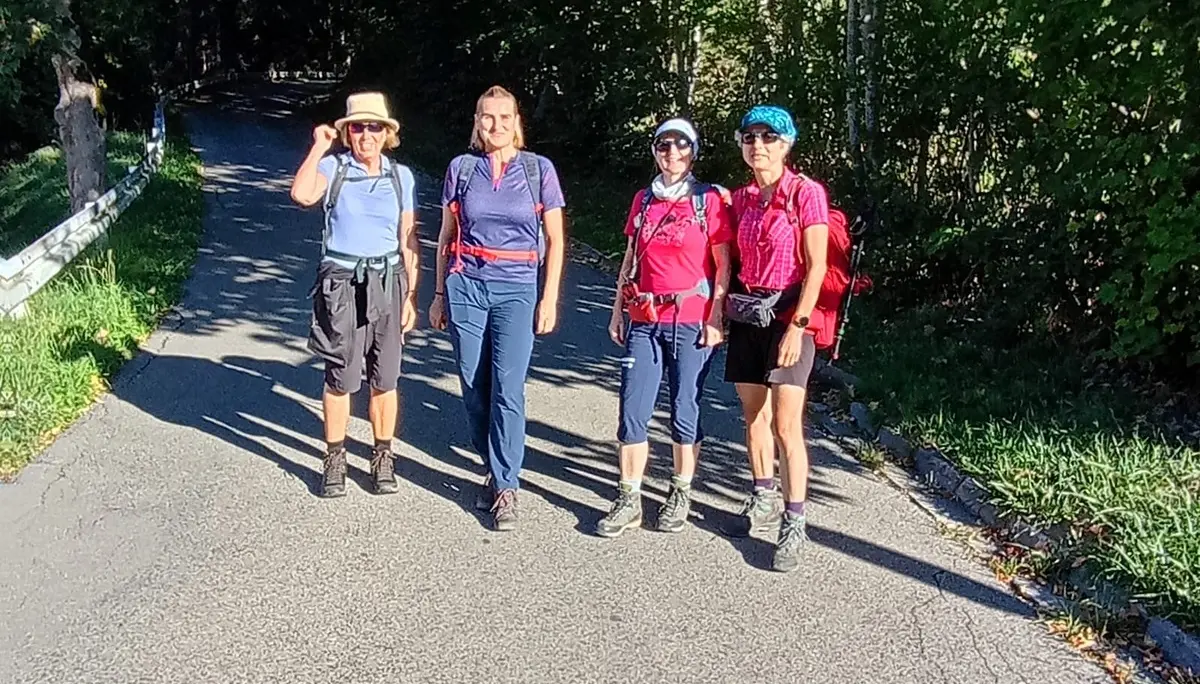 Vier Frauen mit Wanderkleidung und Rucksäcken gehen auf einem sonnigen Weg mit Bäumen im Hintergrund | © DAV - FN / C. Bauer