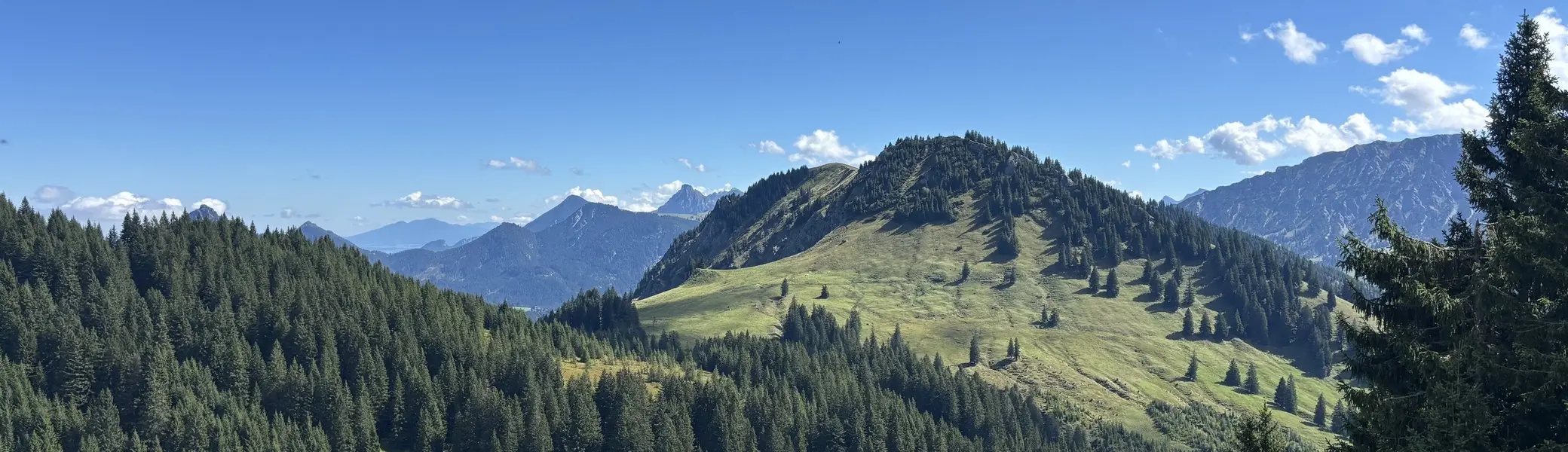 Grüne Berglandschaft mit Nadelbäumen unter blauem Himmel mit vereinzelten Wolken | © DAV - FN / A. Schech
