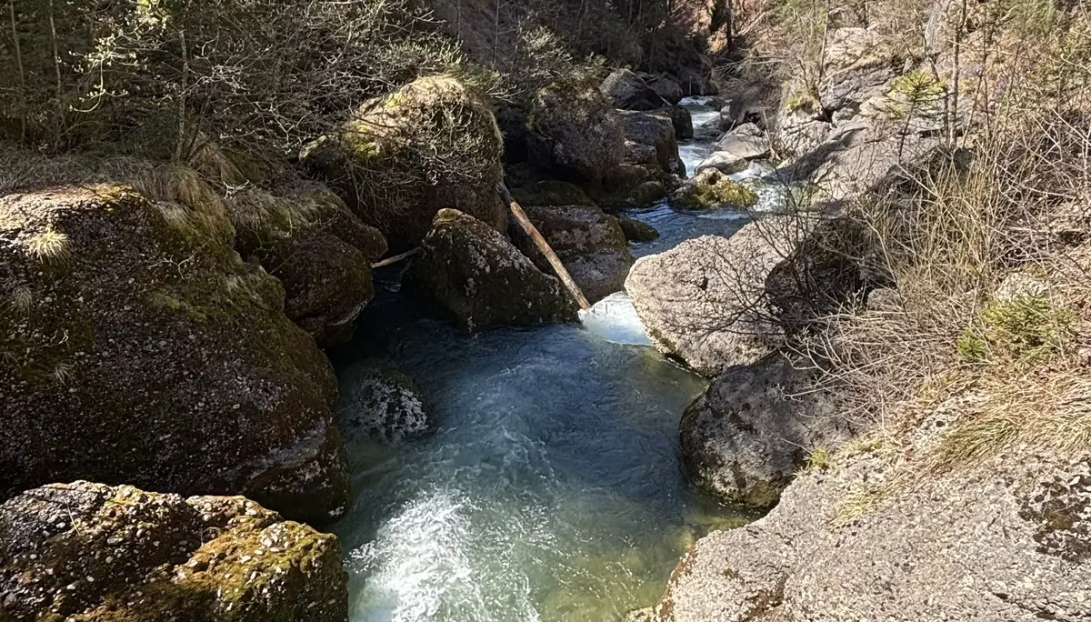 Bergbach mit fließendem Wasser zwischen großen Felsen und bewaldeten Hängen unter blauem Himmel | © DAV-FN / A. Schech