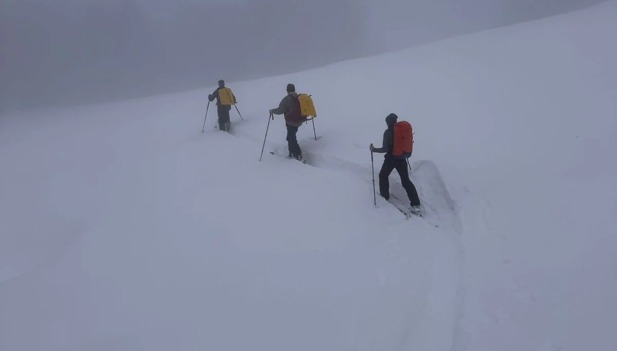 Drei Skitourengeher mit Rucksäcken und Skistöcken steigen in nebliger Winterlandschaft einen schneebedeckten Hang hinauf | © DAV-FN / Th. Gläser
