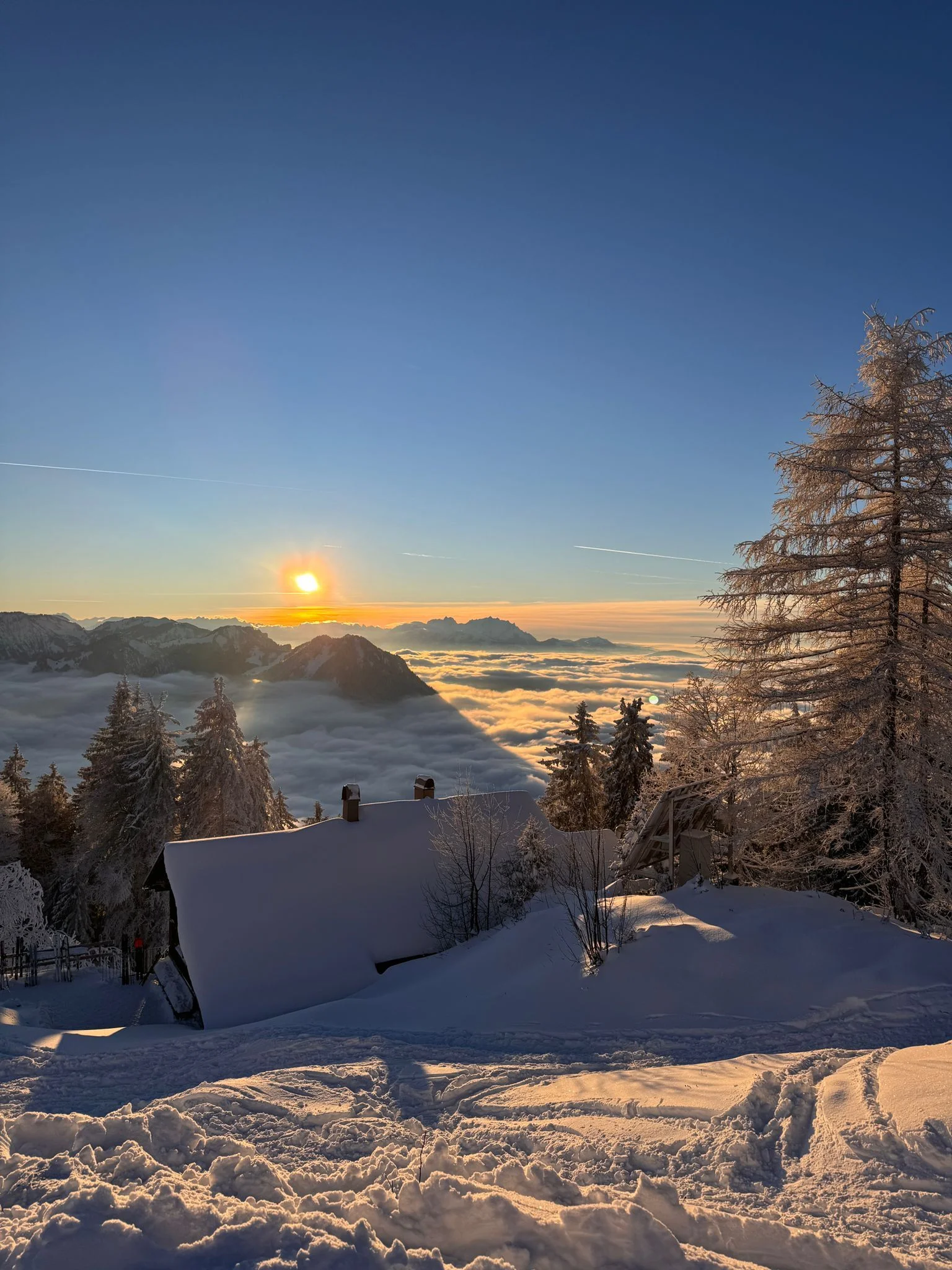 Schneebedecktes Hochälpele-Hütte vor verschneiten Bäumen und Bergen bei Sonnenuntergang über Wolkenmeer | © DAV-FN / Th. Gläser