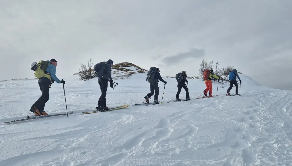 Fünf Skifahrer mit Rucksäcken steigen in einer Reihe einen schneebedeckten Hang hinauf | © DAV-Fn / R. Lebedeff