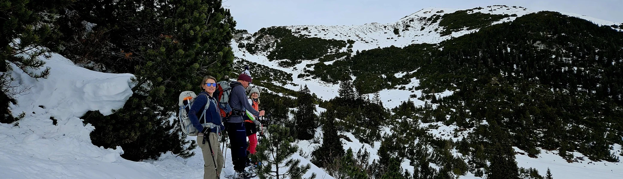 Drei Personen mit Schneeschuhen stehen auf einem verschneiten Bergpfad mit Nadelbäumen und Blick auf schneebedeckte Berggipfel | © DAV-FN / A. Schababerle