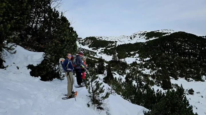 Drei Personen mit Schneeschuhen stehen auf einem verschneiten Bergpfad mit Nadelbäumen und Blick auf schneebedeckte Berggipfel | © DAV-FN / A. Schababerle