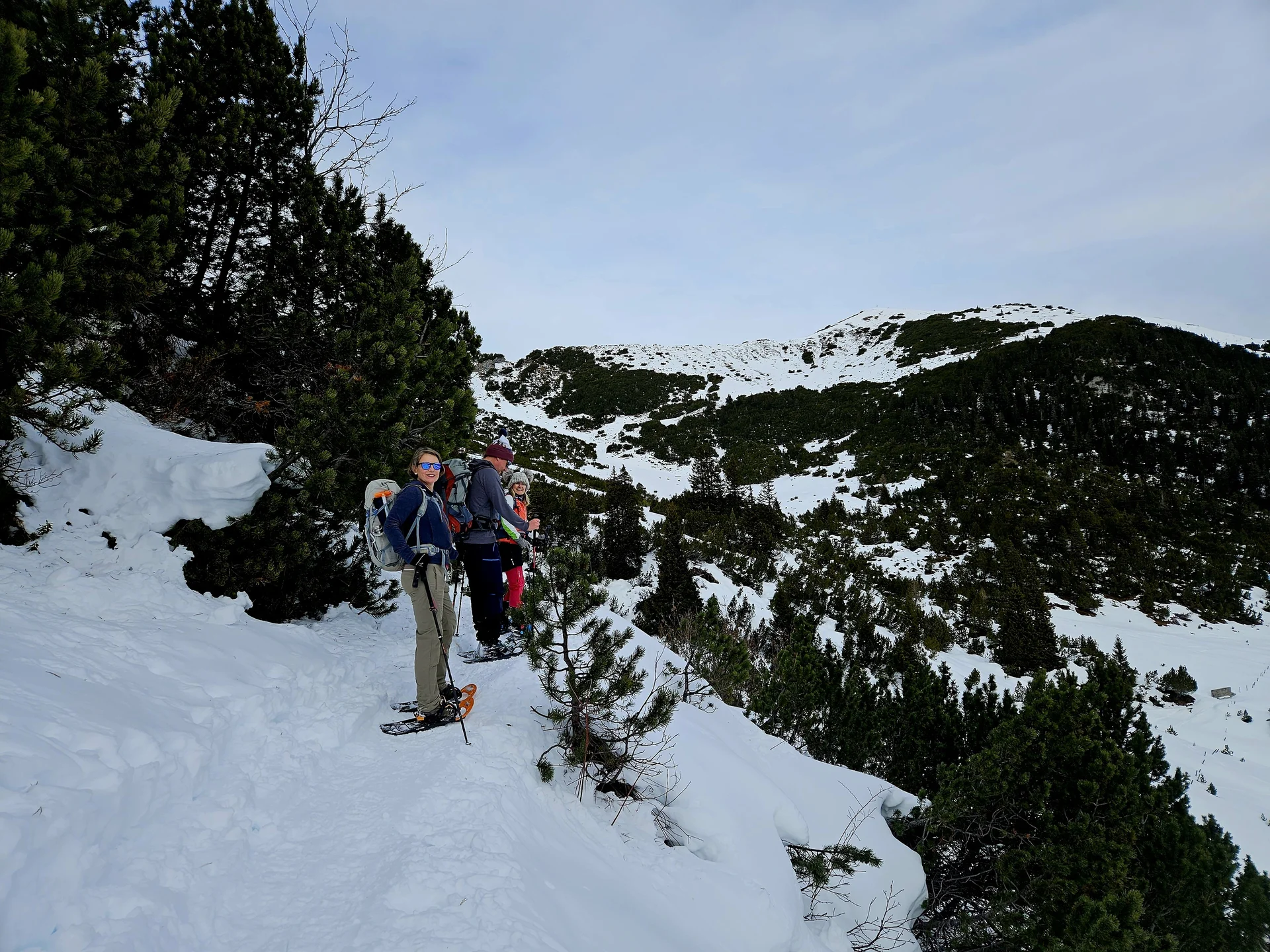 Drei Personen mit Schneeschuhen stehen auf einem verschneiten Bergpfad mit Nadelbäumen und Blick auf schneebedeckte Berggipfel | © DAV-FN / A. Schababerle