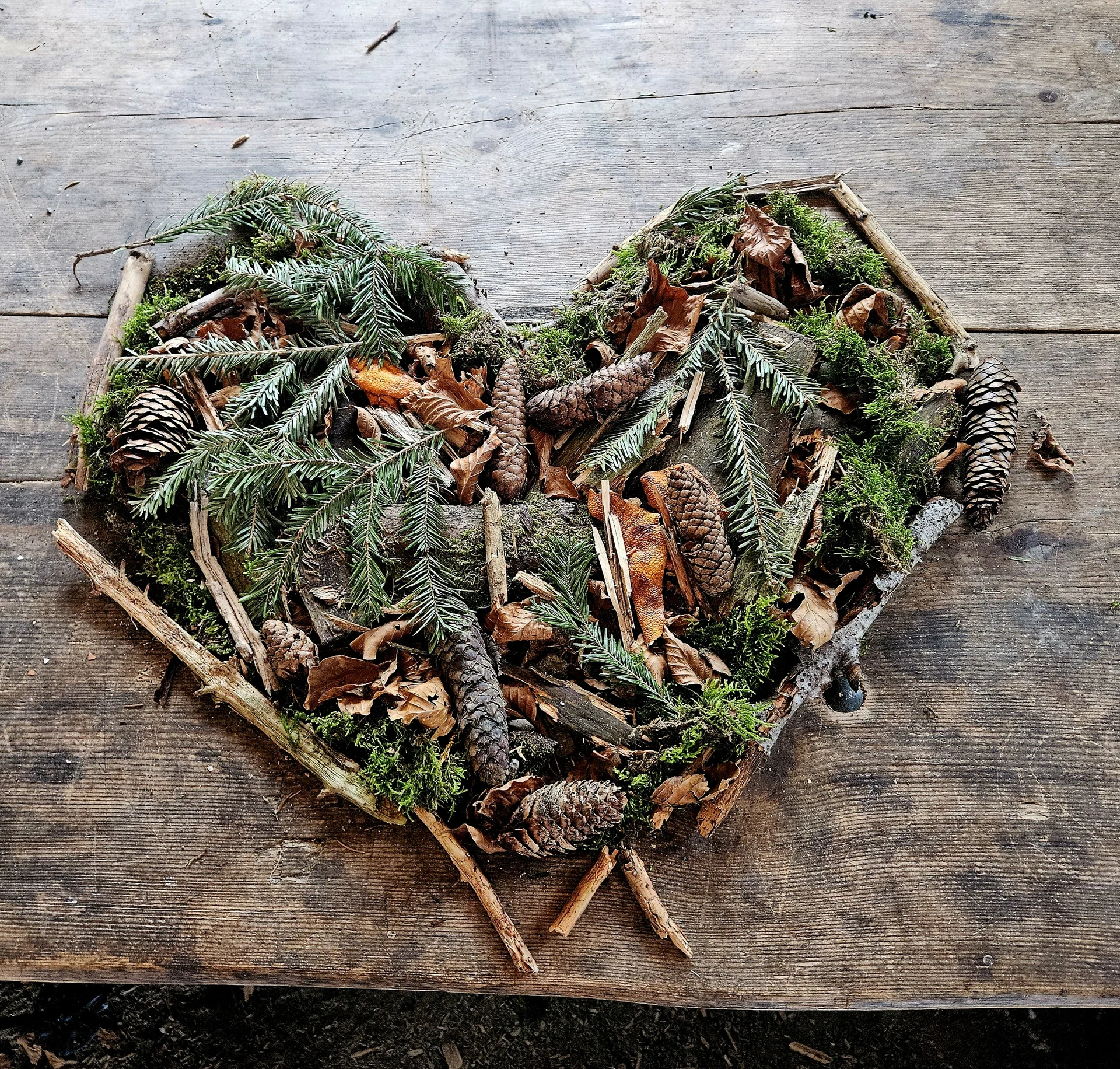 Herzförmige Anordnung aus Zweigen, Tannenzapfen, Moos und Blättern auf einer Holzfläche | © DAV-FN / A. Schababerle