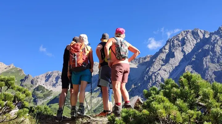4 Wanderinnen stehen zwischen Latschkiefern und genießen gewaltiges Berpanorama | © DAV-FN /  B. Knecht