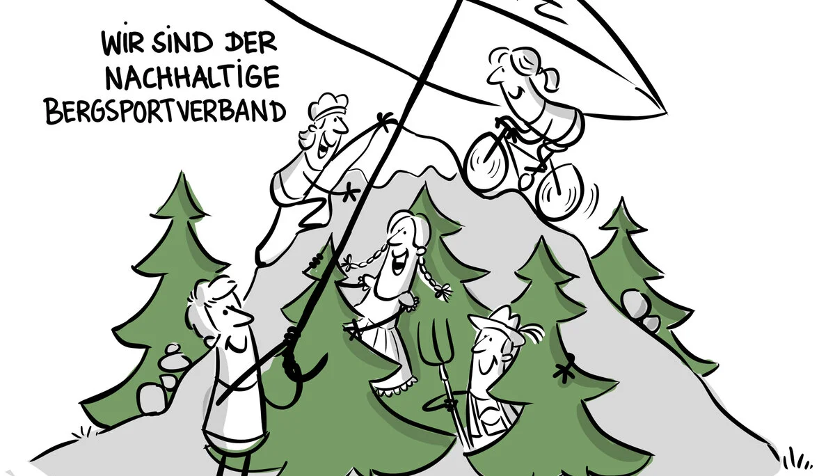 Karrikatur Wir sind der nachhaltige Bergsportverband | © DAV/Jai Wanigesinghe
