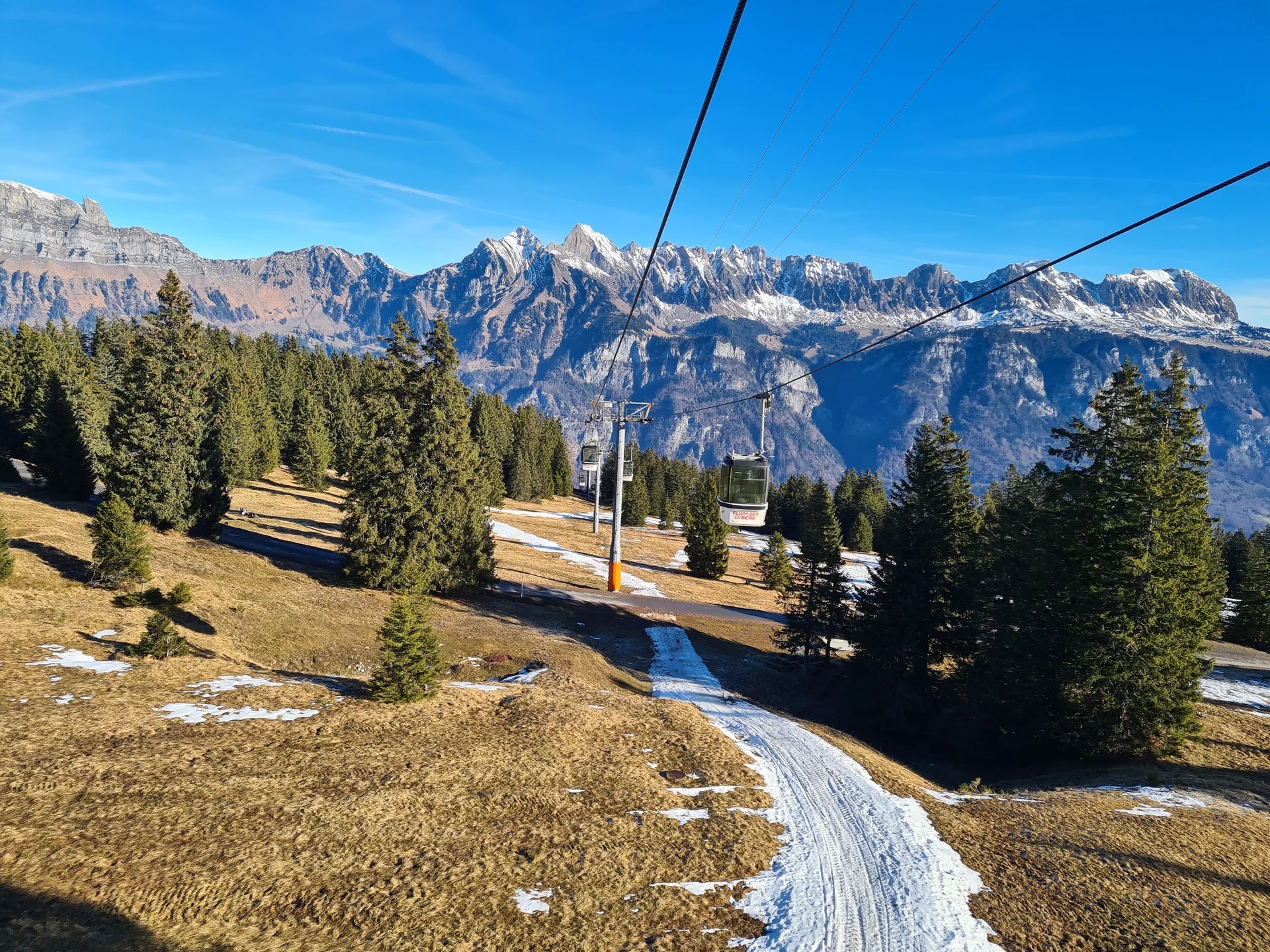 Seilbahn über schneefreies Bergwiesenareal mit Nadelbäumen und schneebedeckten Alpen im Hintergrund | © DAV-FN / C. Erbelding