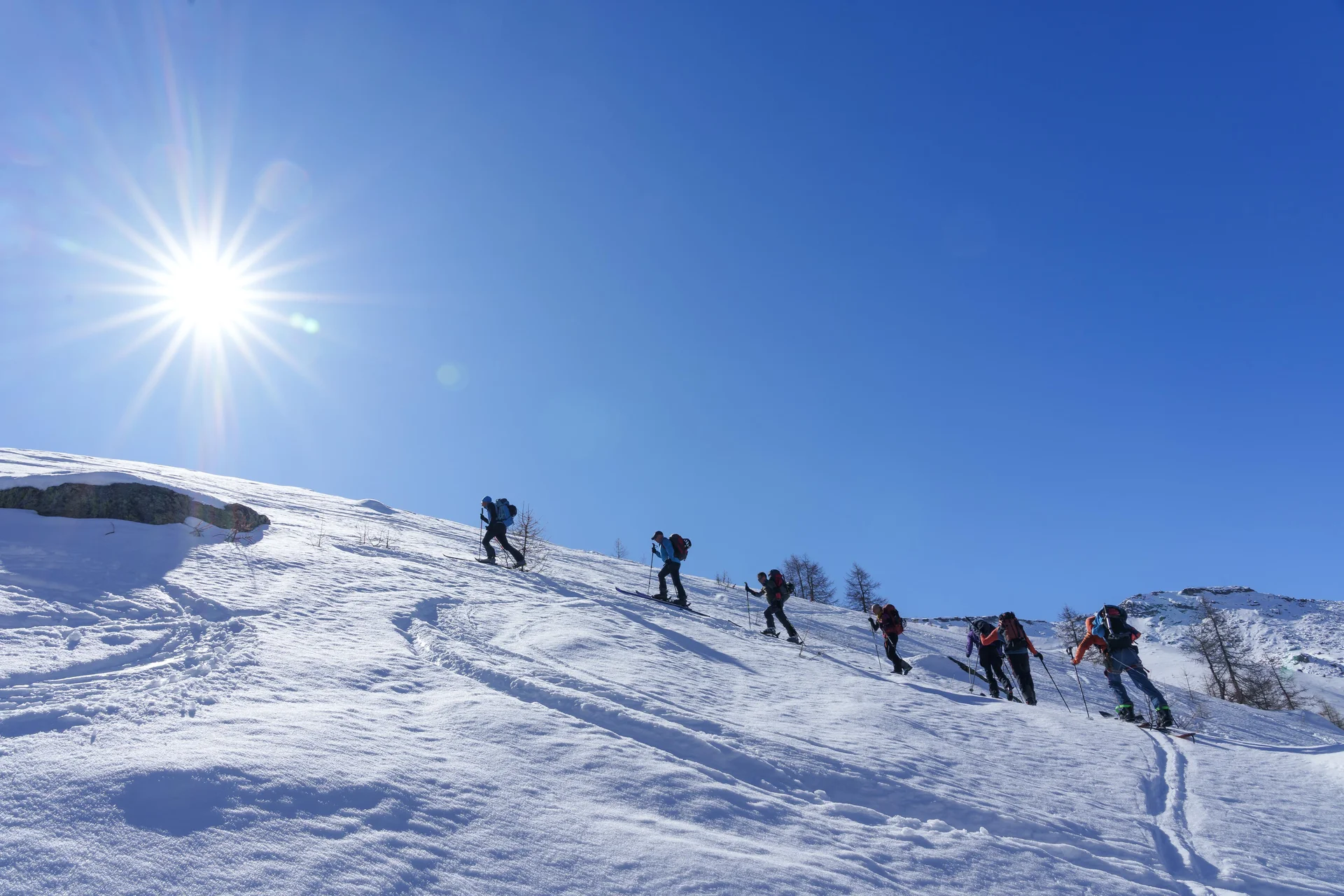 Skitourengruppe steigt bei Sonnenschein über eine verschneite Bergflanke auf. | © DAV-FN / R. Gersten u. L. Chr. Fischer