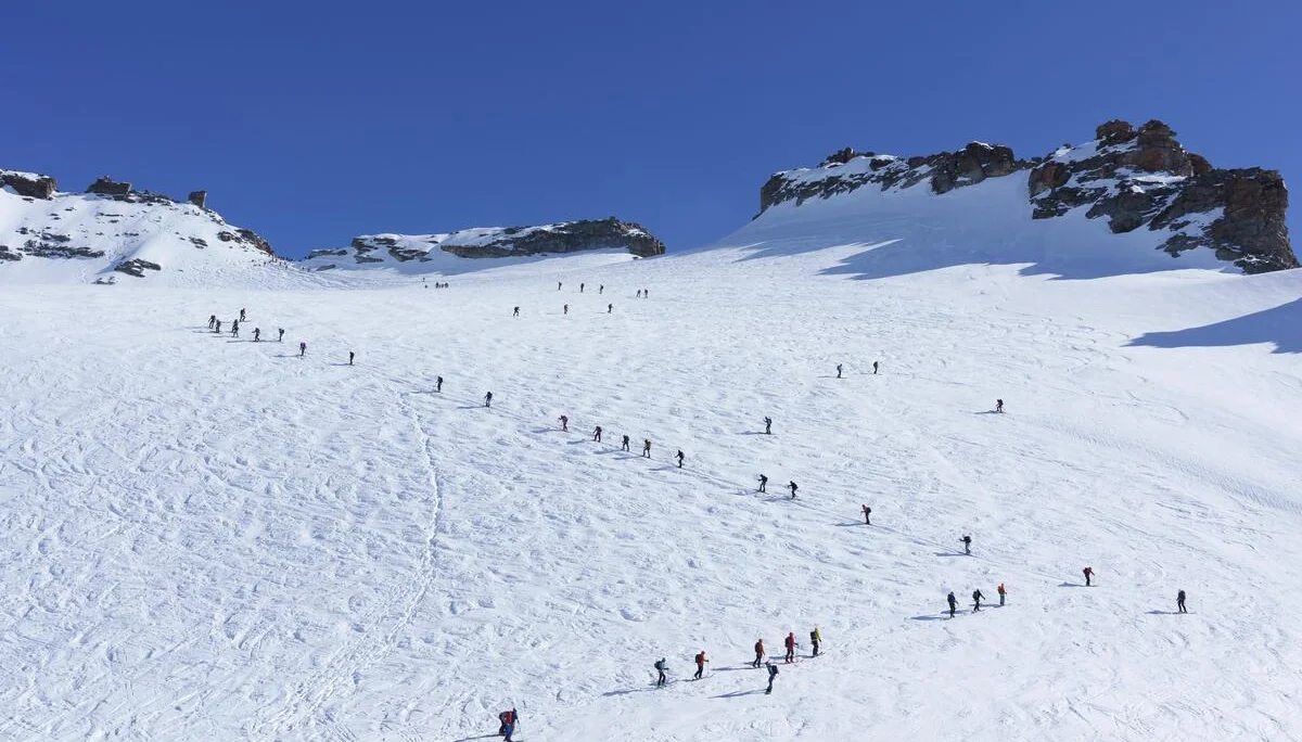 Große Gruppe von Menschen wandert in einer langen Reihe auf schneebedecktem Berg unter klarem blauem Himmel | © DAV-FN / R. Gersten u. L. Chr. Fischer