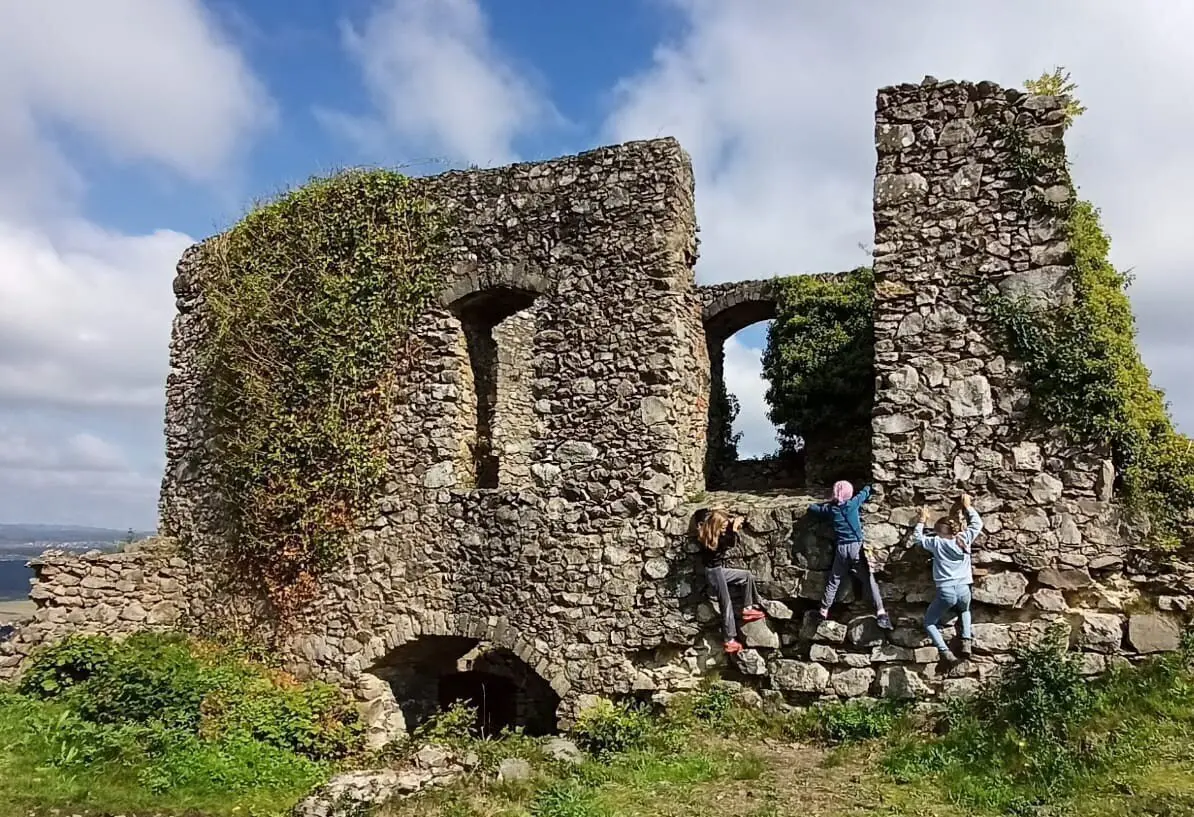 Kinder klettern an einer von Efeu bewachsenen, alten Steinruine unter blauem Himmel | © DAV-FN / M. Gross