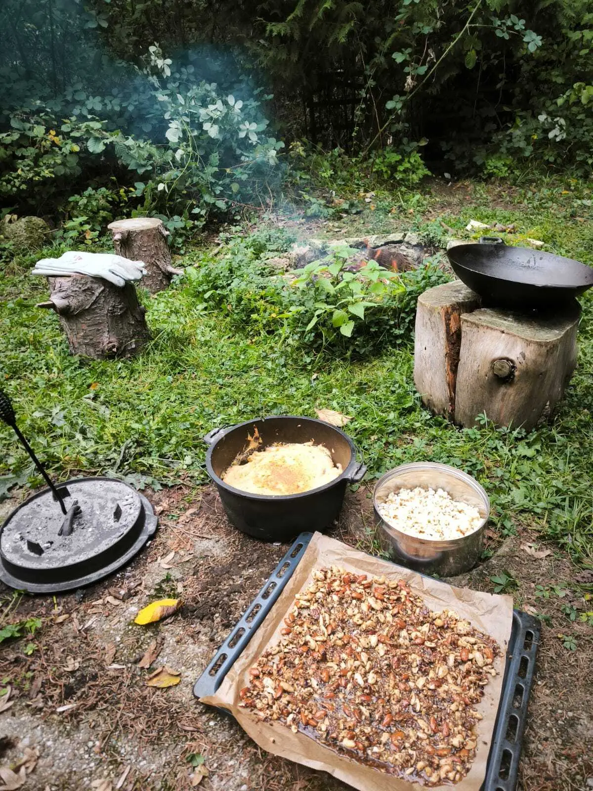 Grillstelle im Grünen mit rauchendem Feuer, Gusseisentopf, Schale mit Popcorn und Backblech mit Nüssen auf dem Boden | © DAV-FN / M.Groß