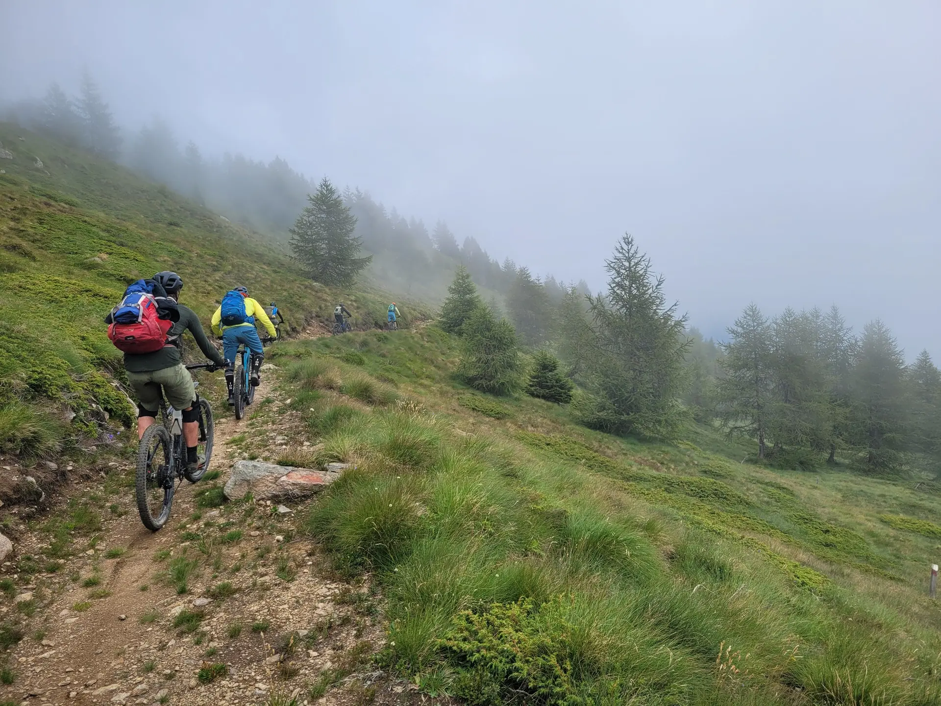 Gruppe von Mountainbikern fährt auf einem schmalen Pfad durch neblige, grüne Berglandschaft | © DAV-FN / E. Flöth, M. Arzner, S. Haberer 