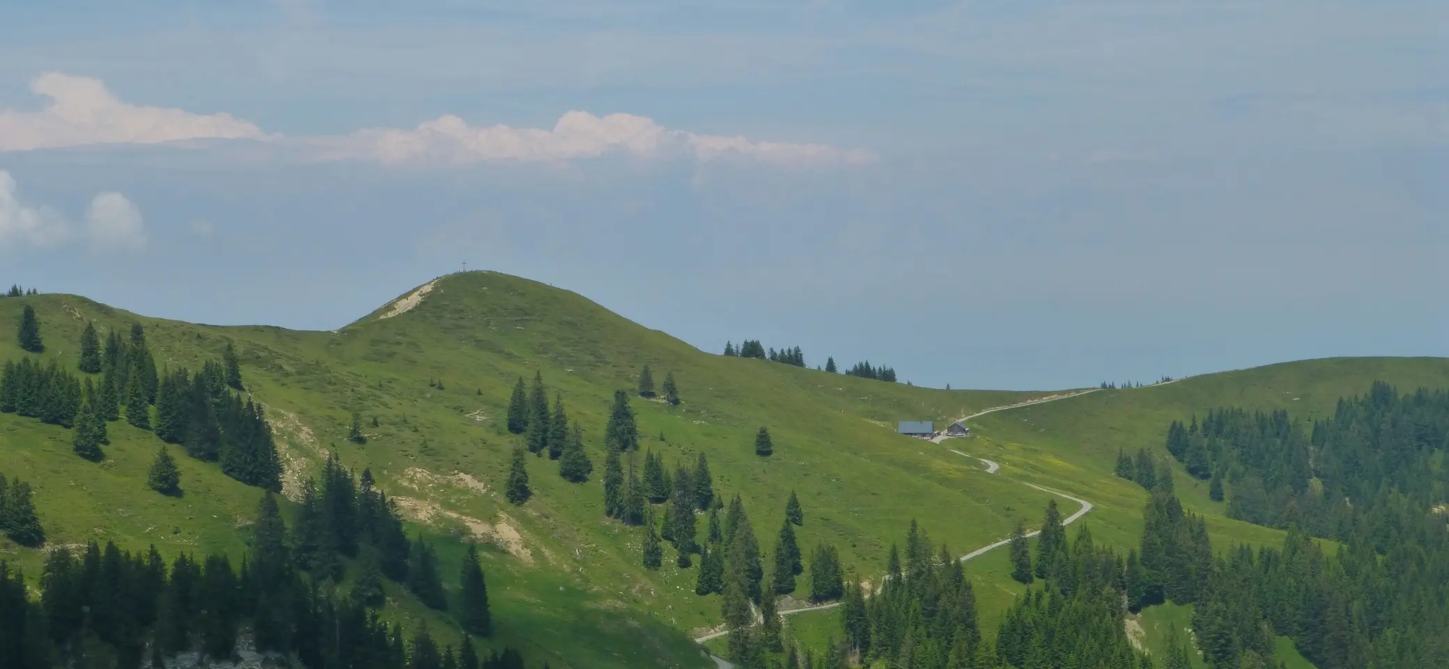 Grüne Berglandschaft mit Nadelbäumen und einem gewundenen Pfad unter blauem Himmel mit wenigen Wolken | © Von Reinhard Müller - Eigenes Werk, CC BY-SA 3.0, https://commons.wikimedia.org/w/index.php?curid=33481654