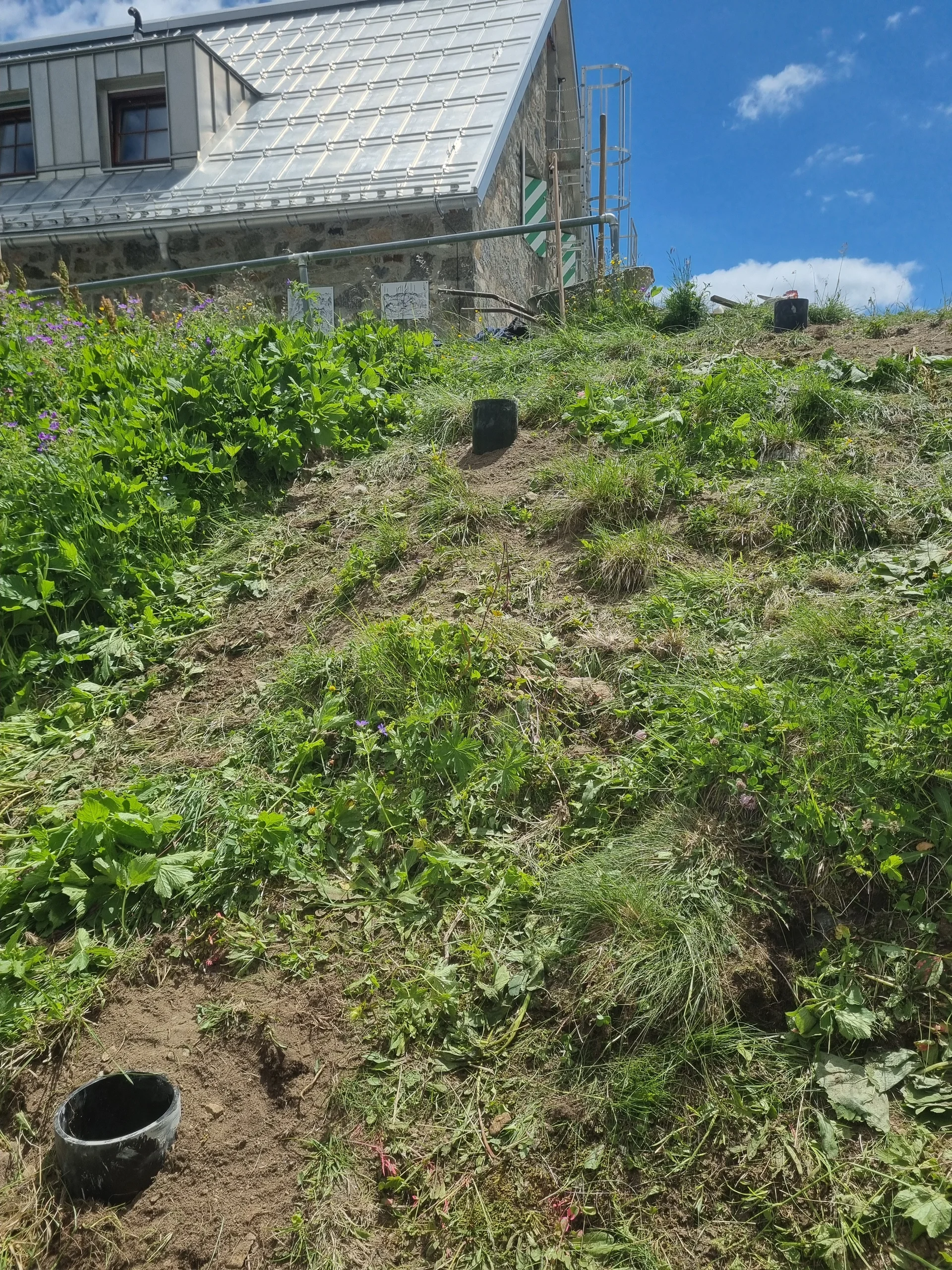 Hang mit frischem Erdreich und drei schwarzen Rohren als Zaun-Fundament, im Hintergrund die Häfler Hütte | © DAV-FN / R. Klees o. R. Zahner
