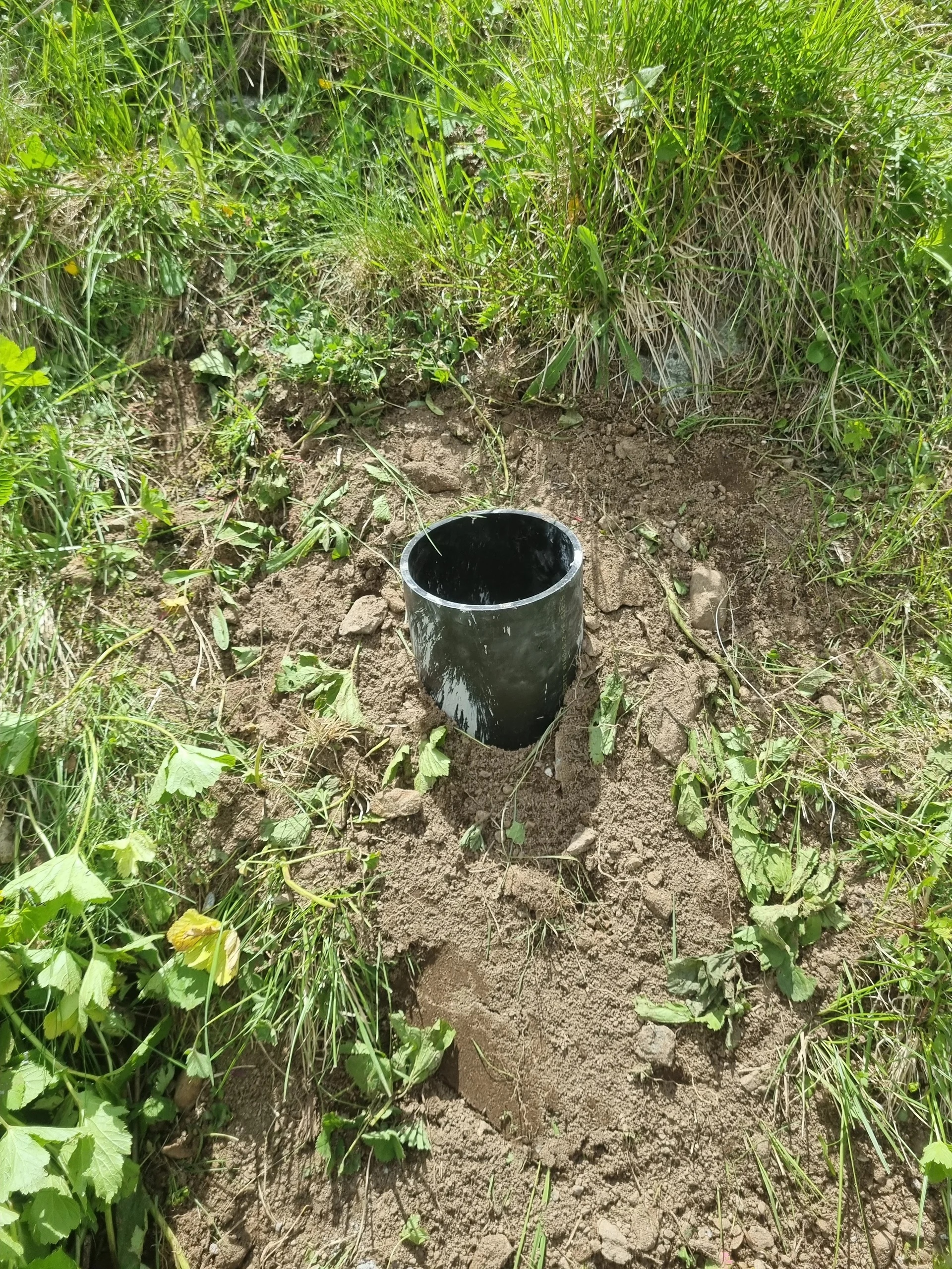 Schwarzes Kunststoffrohr in der Erde, umgeben von Gras und Pflanzen, Teil eines Zaun-Fundaments | © DAV-FN / R. Klees o. R. Zahner