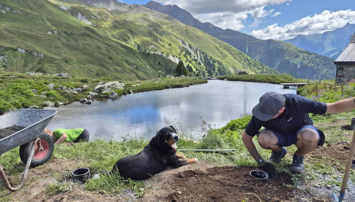 Mann kniet neben dem See an der Häfler Hütte, neben ihm liegt ein schwarzer Hund, im Hintergrund grüne Hügel und blauer Himmel | © DAV-FN / R. Klees o. R. Zahner